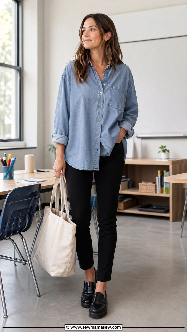 Casual Teacher Outfit With Oversized Shirt And Slim Pants - 35 casual teacher outfits