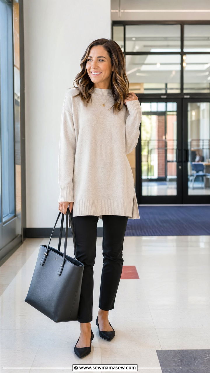 Casual Teacher Outfit With Ponte Pants And Tunic Sweater - 35 casual teacher outfits