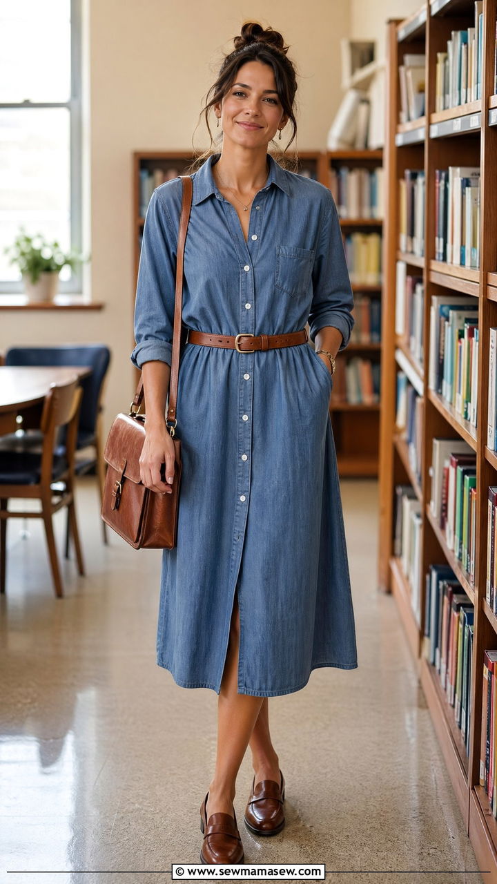 Casual Teacher Outfit With Shirt Dress And Leather Loafers - 35 casual teacher outfits