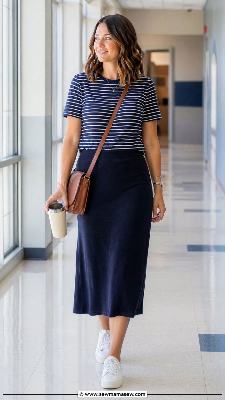 Casual Teacher Outfit With Striped Tee And Midi Skirt - 35 casual teacher outfits