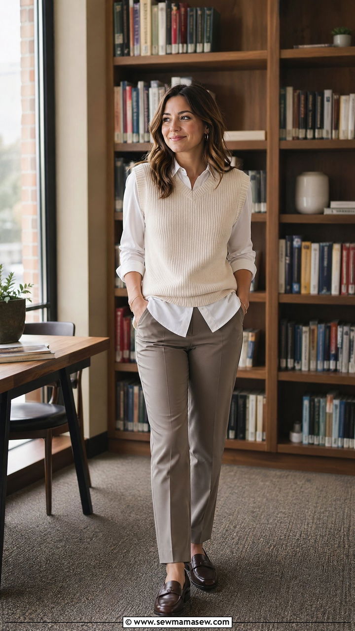Casual Teacher Outfit With Sweater Vest Over A Button Down - 35 casual teacher outfits