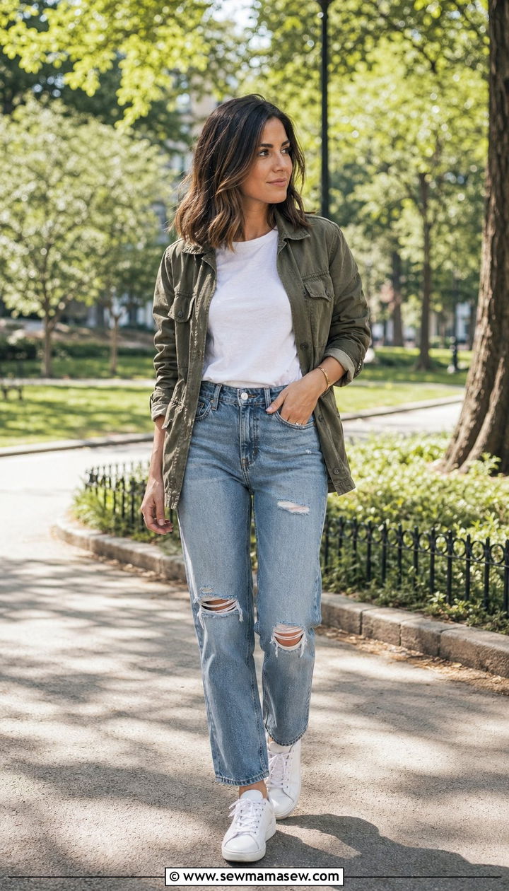 Casual White Tee With Distressed Jeans And Sneakers - 35 Petite outfit ideas with jeans