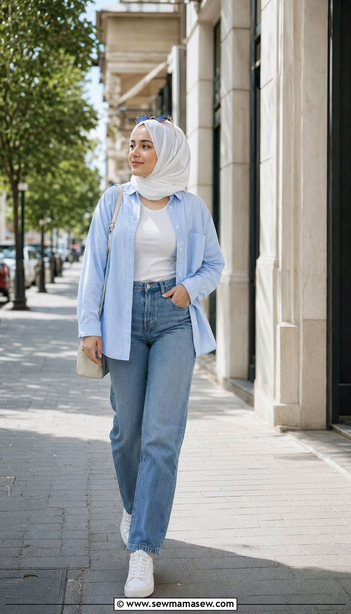 Casual buttondown shirt with straight jeans - 35 Modest outfit ideas for hijabis