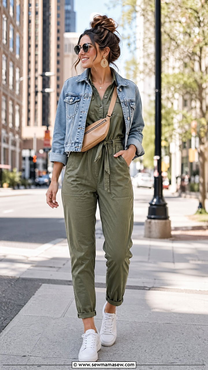 Casual jumpsuit with denim jacket - 35 Weekend getaway outfit ideas