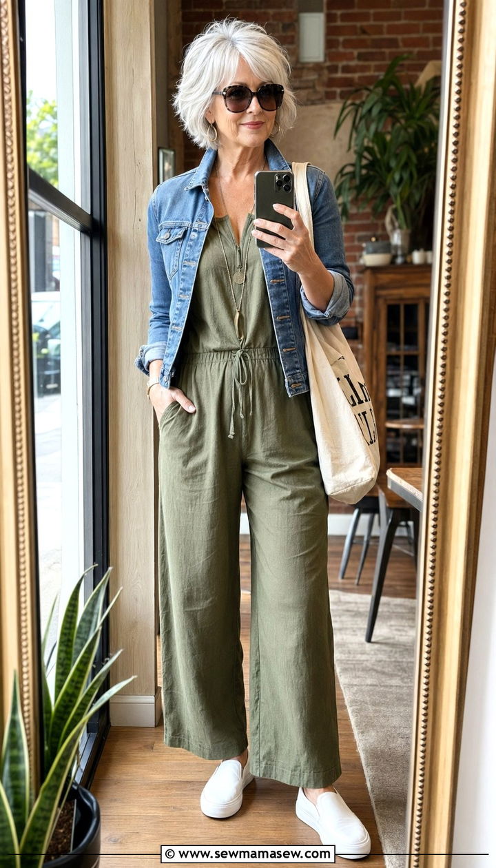 Casual jumpsuit with denim jacket - 35 Outfit ideas for women over 60
