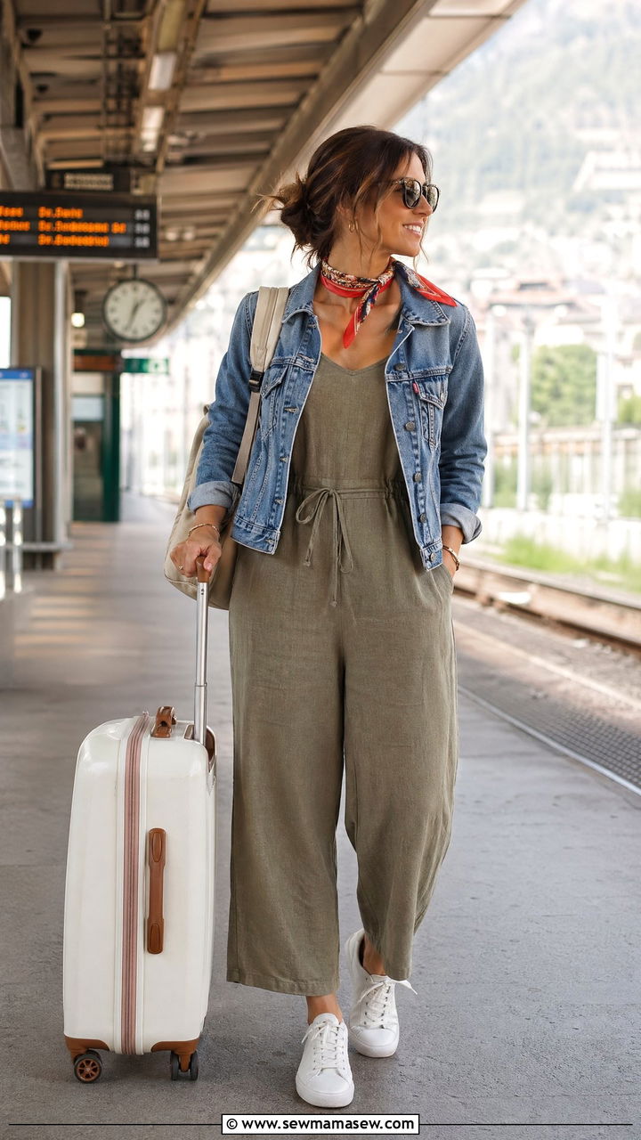 Casual linen jumpsuit with denim jacket outfit - 35 Vacation outfits for women over 40
