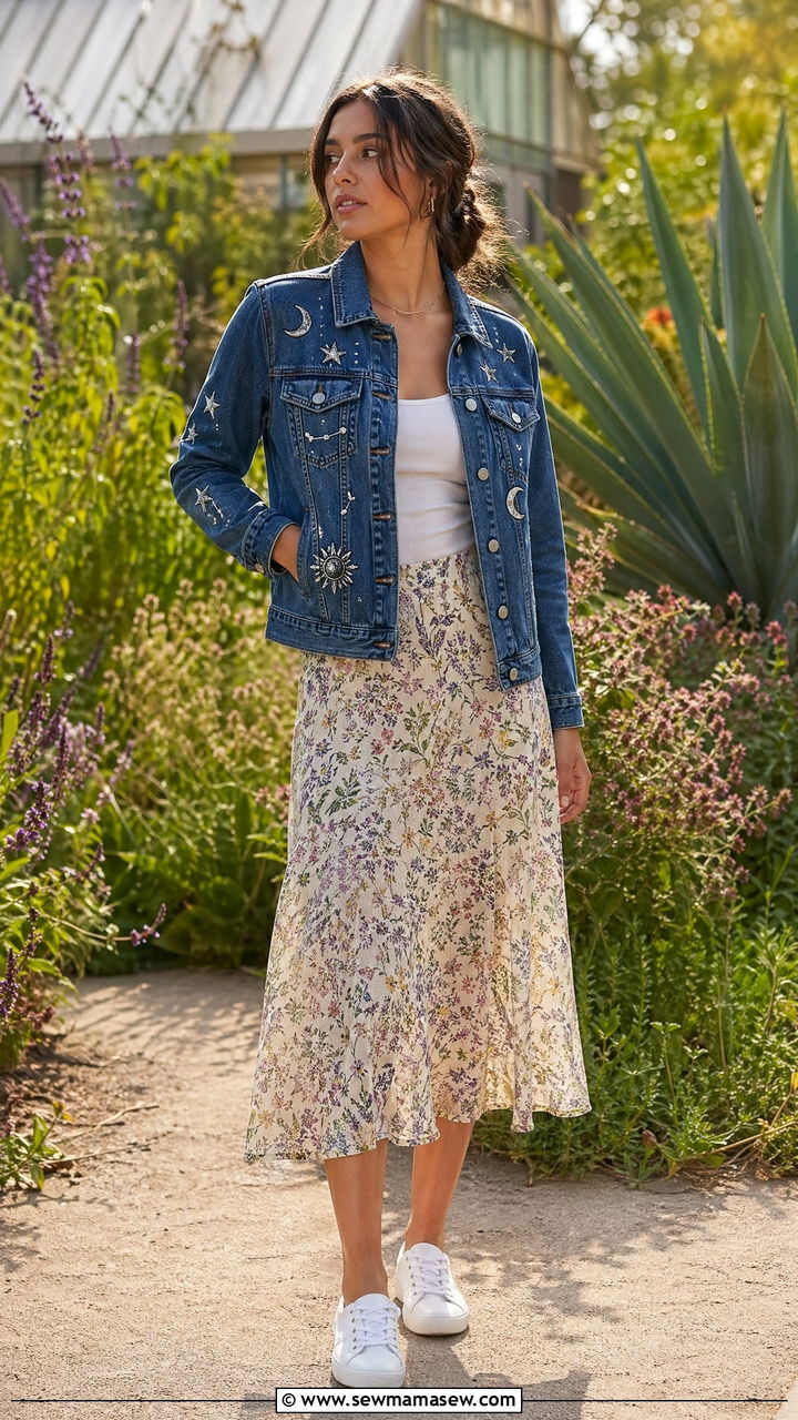 Celestial Denim Jacket With Floral Midi Skirt - 35 celestial outfits