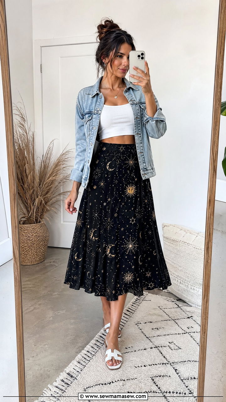 Celestial Midi Skirt With Crop Top and Denim Jacket - 35 celestial outfits
