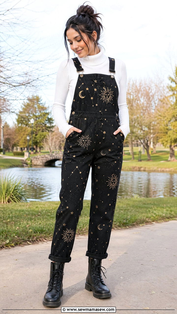 Celestial Print Dungarees With White Turtleneck - 35 celestial outfits