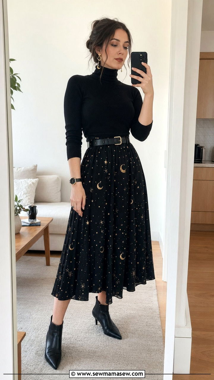 Celestial print midi skirt with a fitted black turtleneck - 30 Whimsigoth outfit ideas