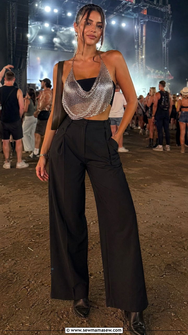 Chainmail Halter Top with High Waisted Trousers - 35 Summer music festival outfits