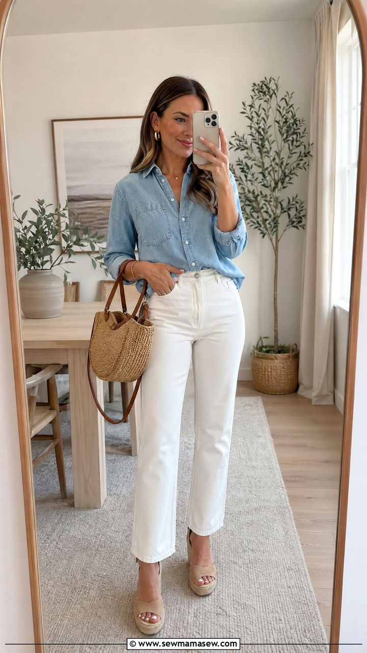 Chambray Button Down and White Denim - 35 summer business casual outfit ideas