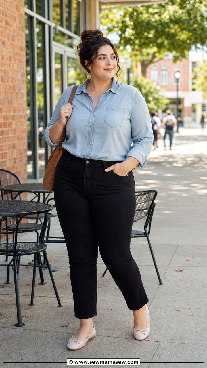 Chambray Button Up With Black Jeans And Ballet Flats - 30 Back to school outfit ideas plus size college