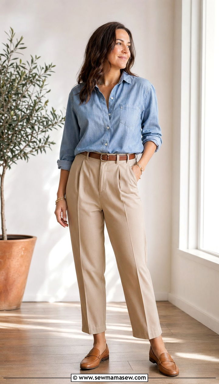 Chambray Button Up With Tailored Khaki Trousers - 30 Work outfits for midsize women