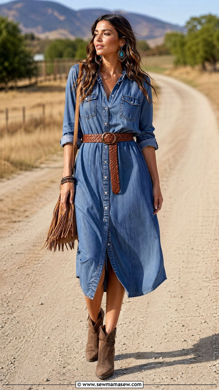 Chambray Dress With Braided Belt - 35 spring boho chic outfit ideas