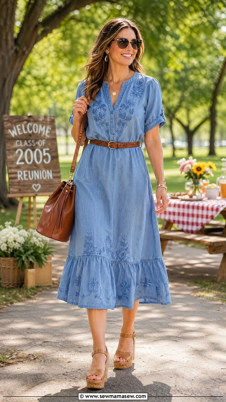 Chambray Dress With Wedge Sandals Outfit - 35 College reunion outfit ideas