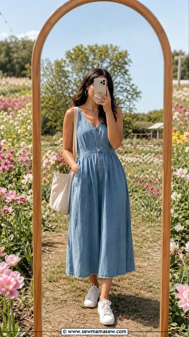 Chambray Dress With White Sneakers - 30 Spring flower field photoshoot outfits