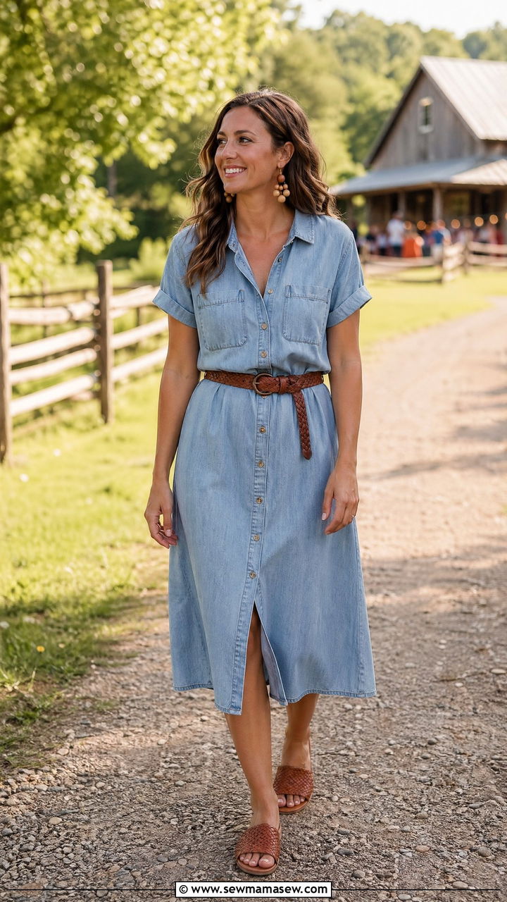 Chambray Dress and Woven Sandals - 35 Summer family reunion outfits