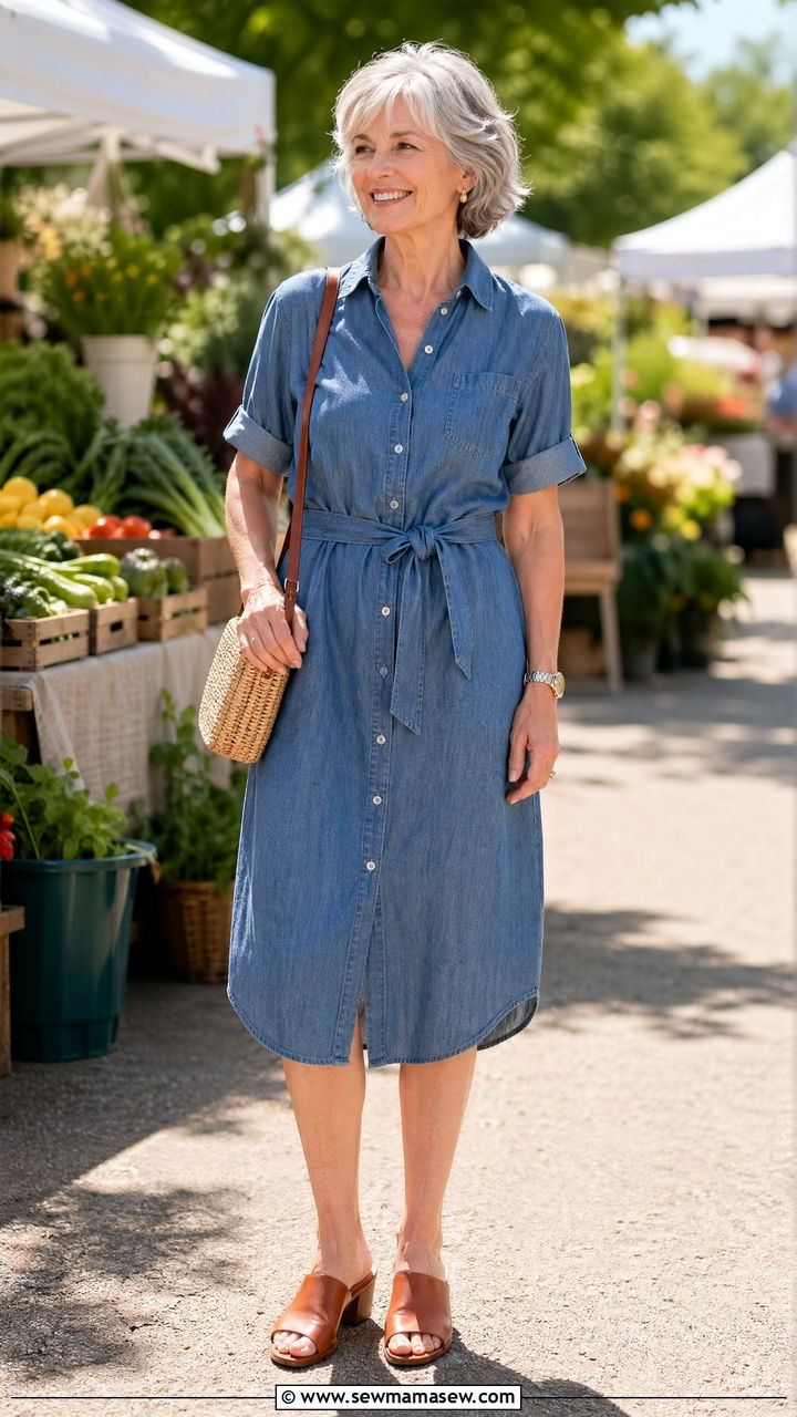 Chambray Dress with Leather Mules - 35 Casual outfits for women over 60