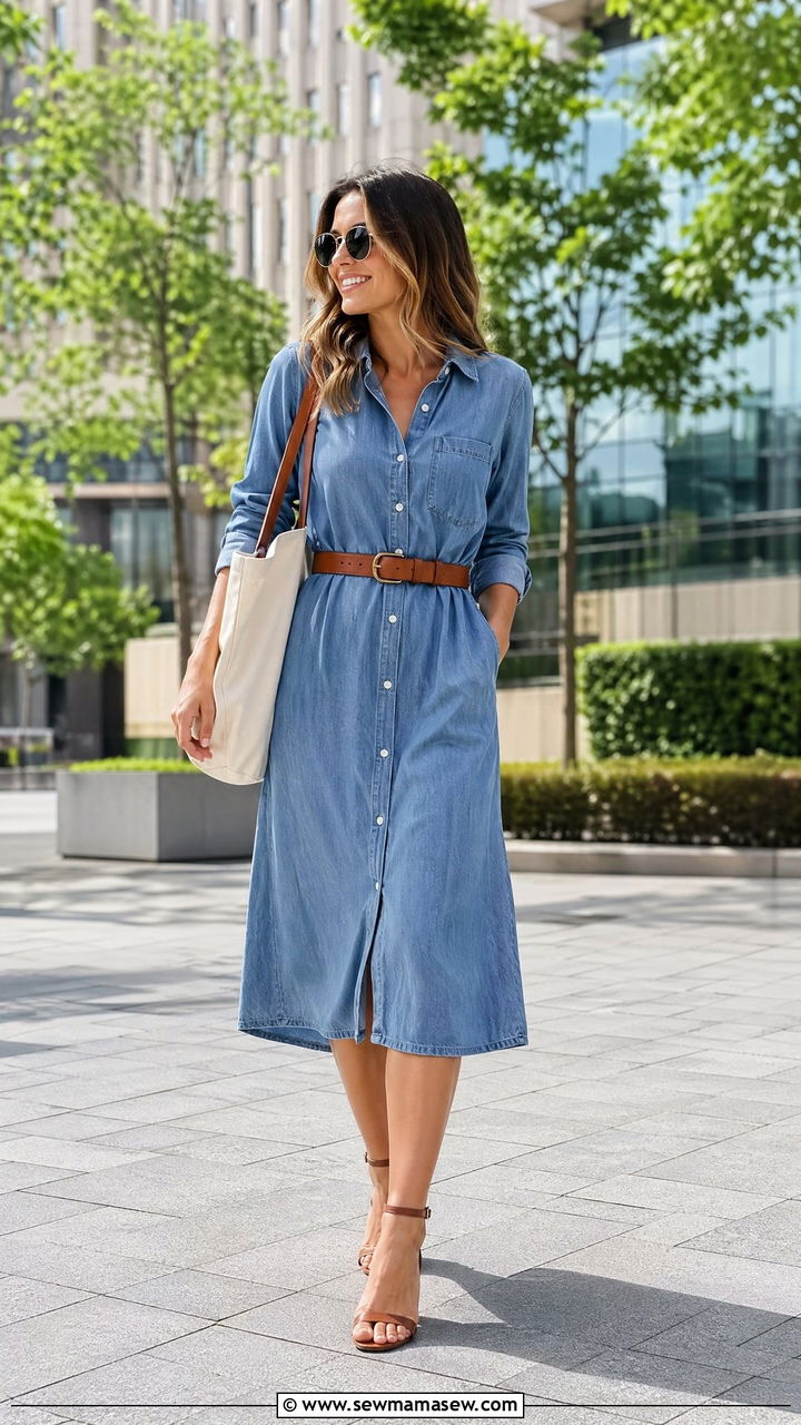 Chambray Midi Dress With Ankle Strap Sandals - 35 summer casual chic outfit ideas