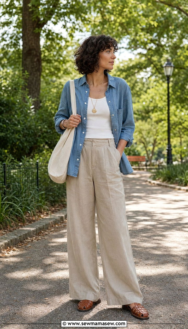 Chambray Shirt And Fisherman Sandals With Wide Leg Linen Pants - 30 Wide leg linen pants outfit ideas for summer