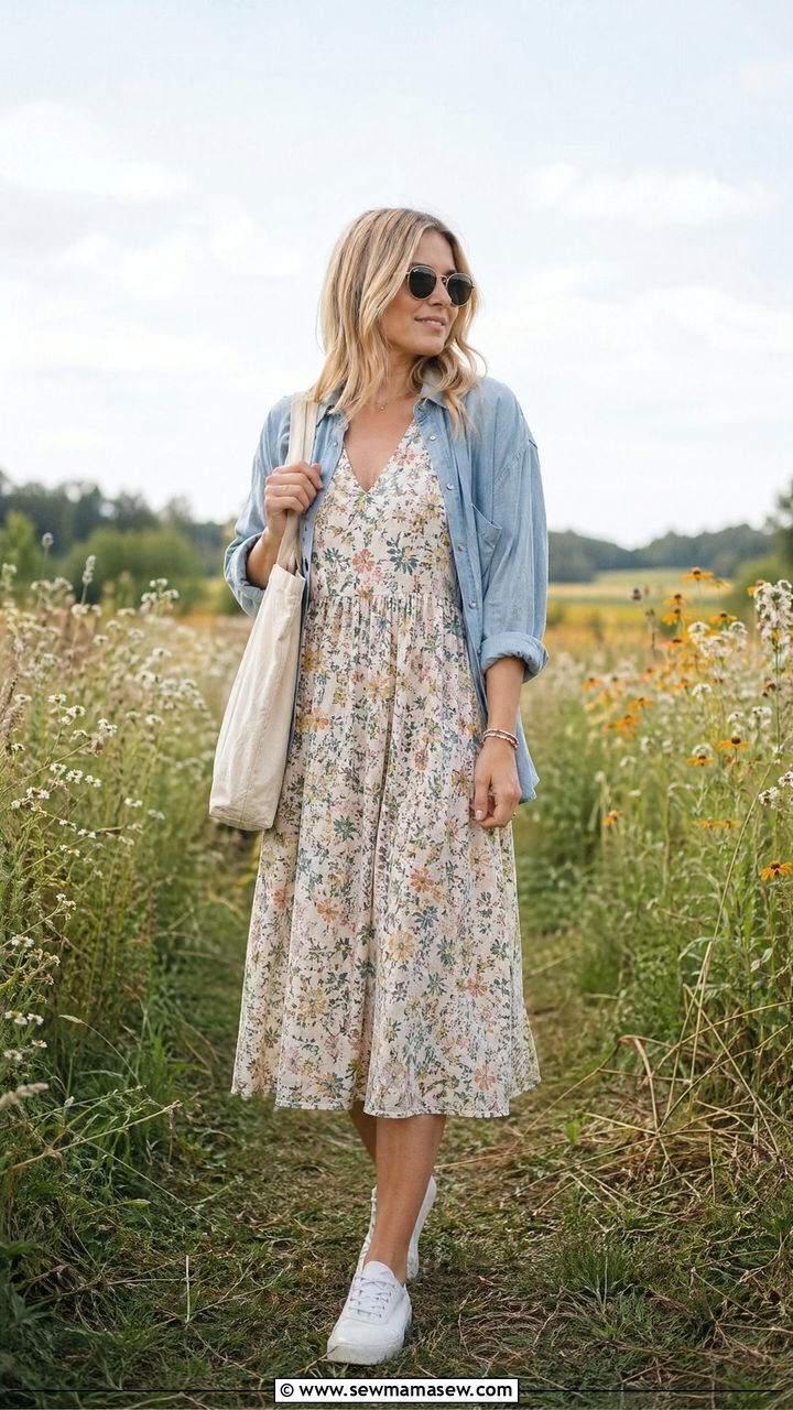 Chambray Shirt As Lightweight Layer Over Floral Sundress - 35 summer cottagecore outfit ideas
