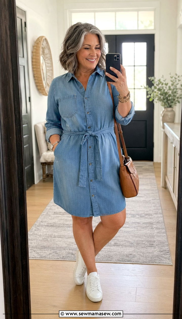 Chambray Shirt Dress With White Sneakers - 35 Plus size outfits for women over 50
