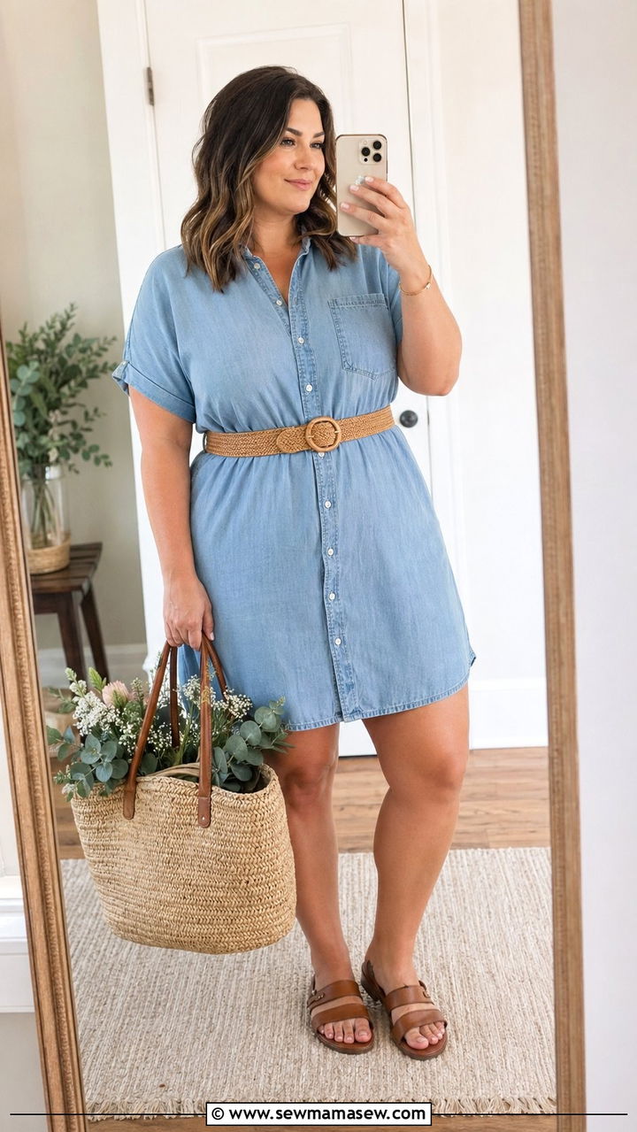 Chambray Shirt Dress With Woven Belt - 35 Plus size summer outfits
