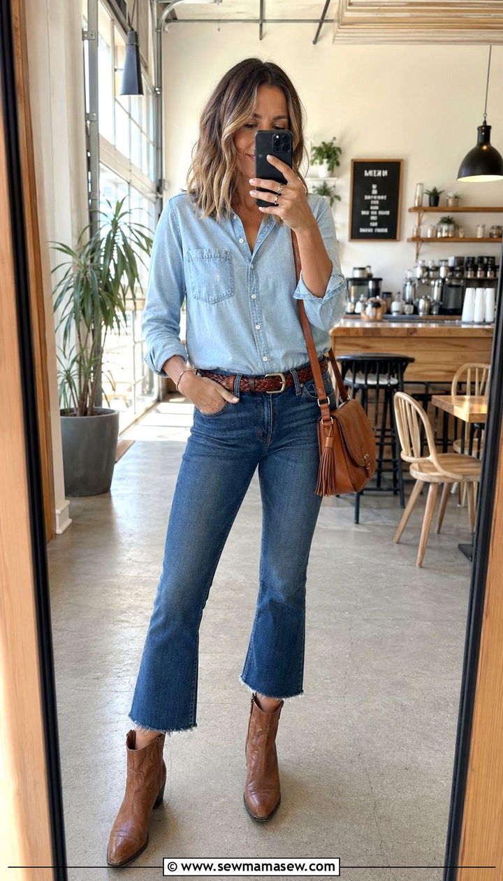 Chambray Shirt Tucked Into Cropped Flare Jeans - 30 western capsule wardrobe outfits