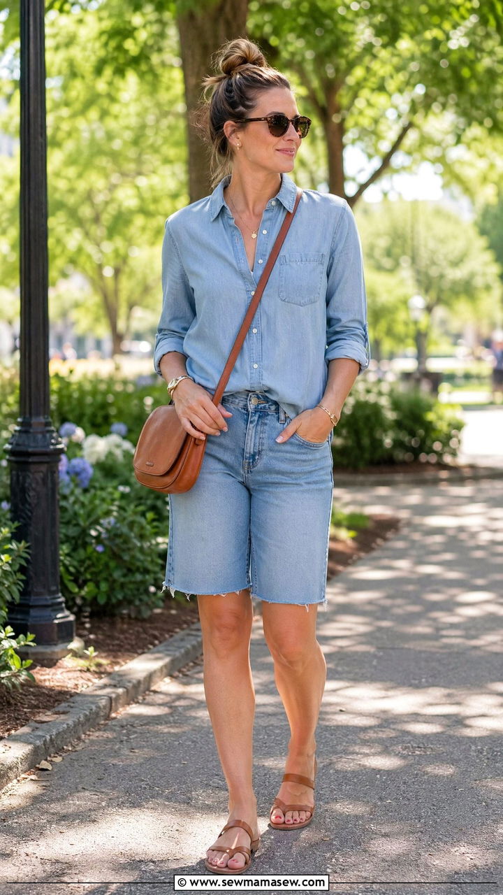 Chambray Shirt With Bermuda Shorts Summer Mom Outfit - 35 Summer mom outfit ideas