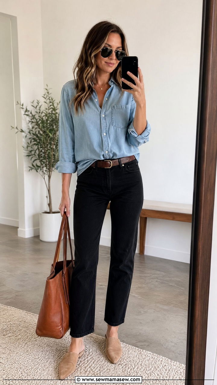 Chambray Shirt With Black Jeans - 35 Spring outfits for busy moms