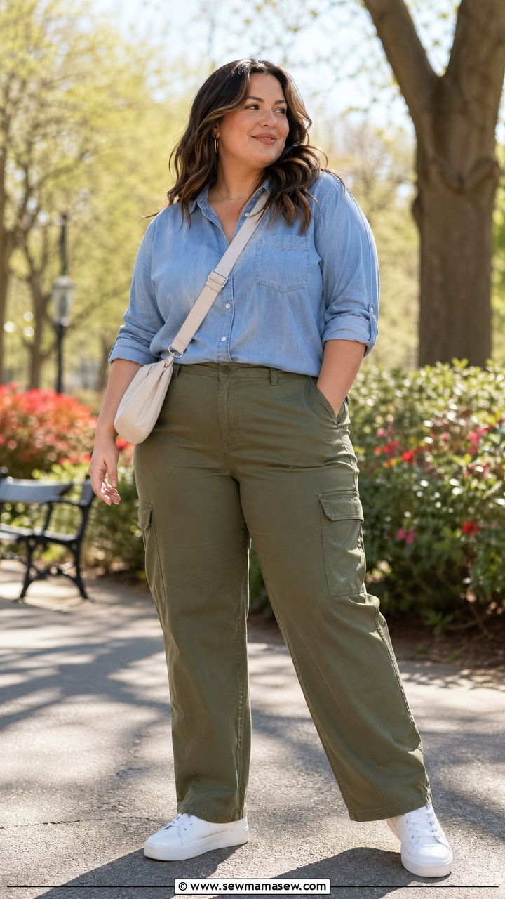 Chambray Shirt With Olive Cargo Pants Outfit - 35 Spring capsule wardrobe plus size