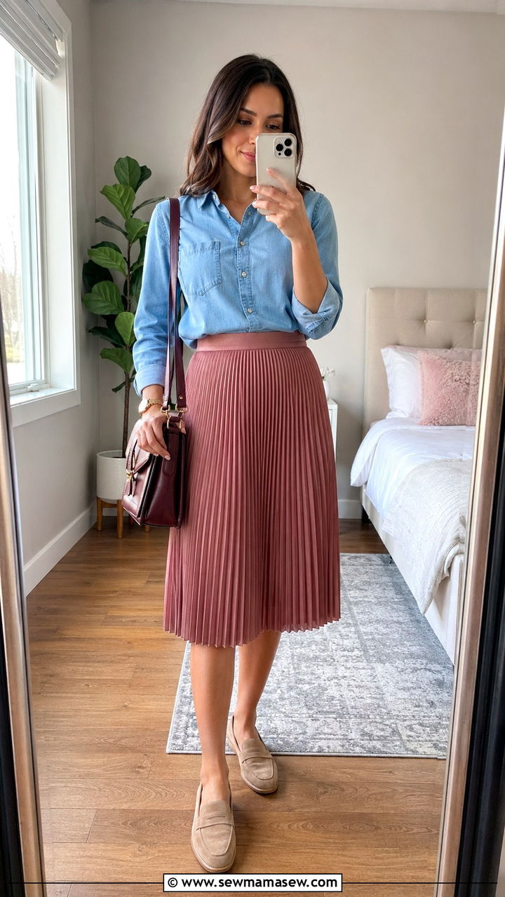 Chambray Shirt With Pleated Midi Skirt - 30 Spring capsule wardrobe modest