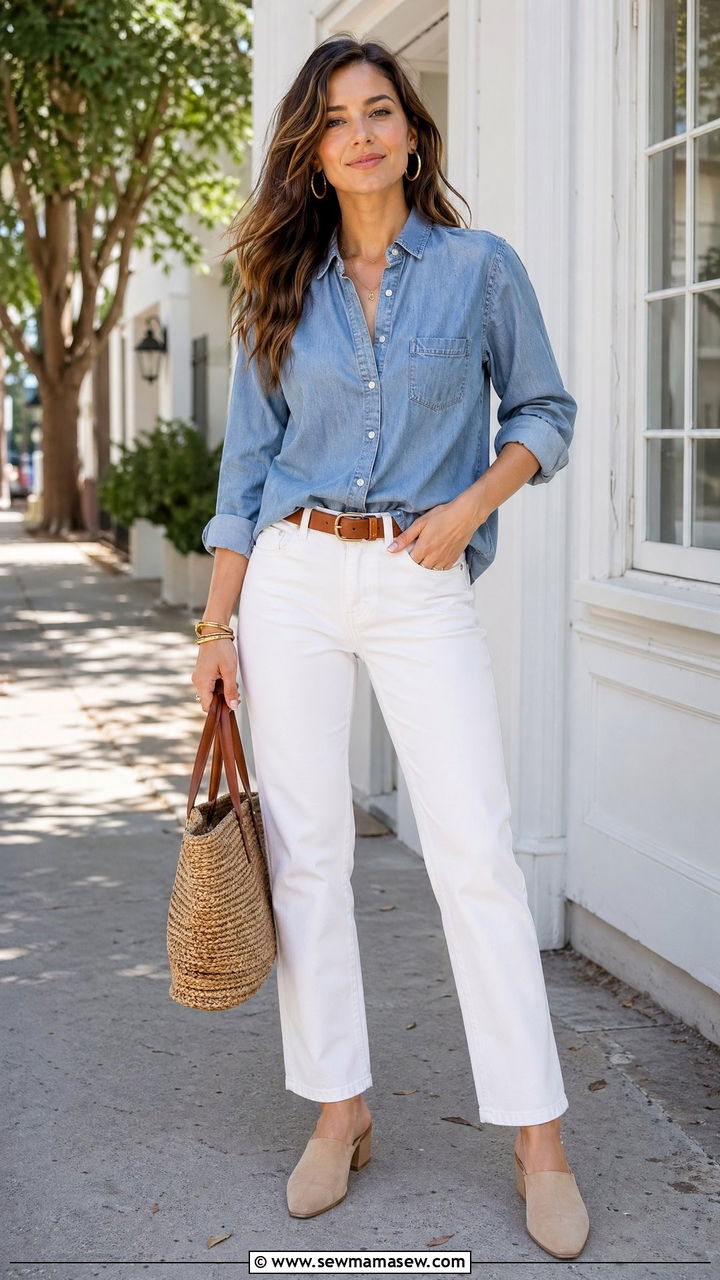 Chambray Shirt With White Jeans Outfit - 35 summer capsule wardrobe outfit ideas