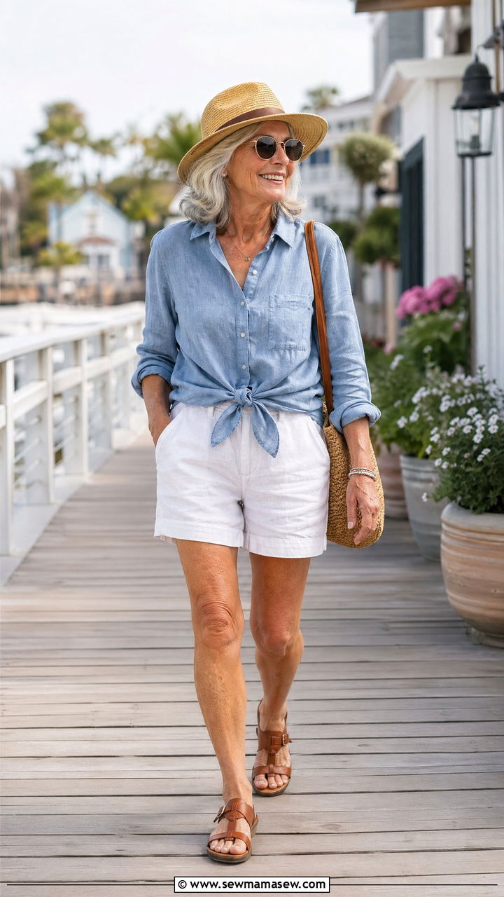 Chambray Shirt With White Linen Shorts - 35 Vacation outfit ideas for women over 60