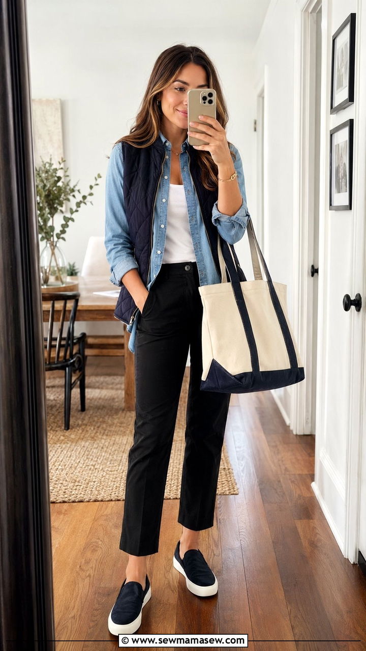 Chambray Shirt and Black Tapered Chinos Outfit - 35 mom outfit ideas