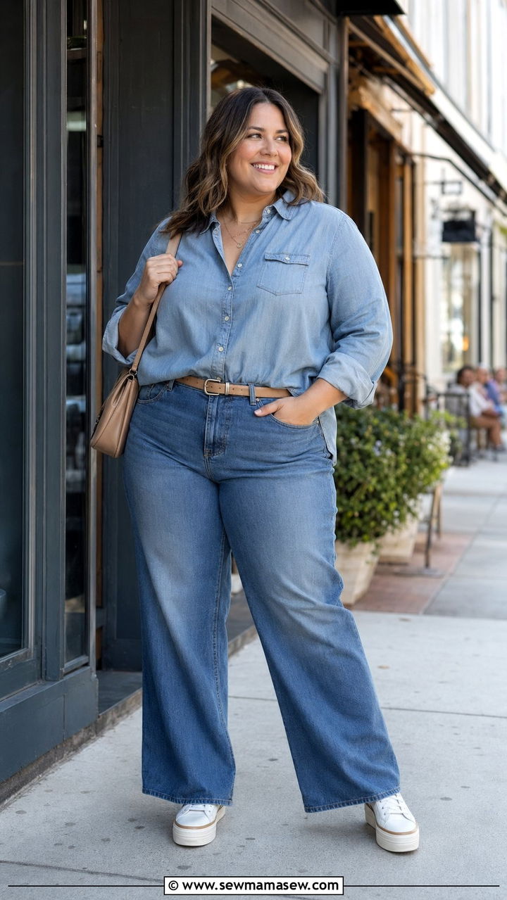 Chambray Shirt and Wide Leg Jeans - 35 Plus size mom outfit ideas