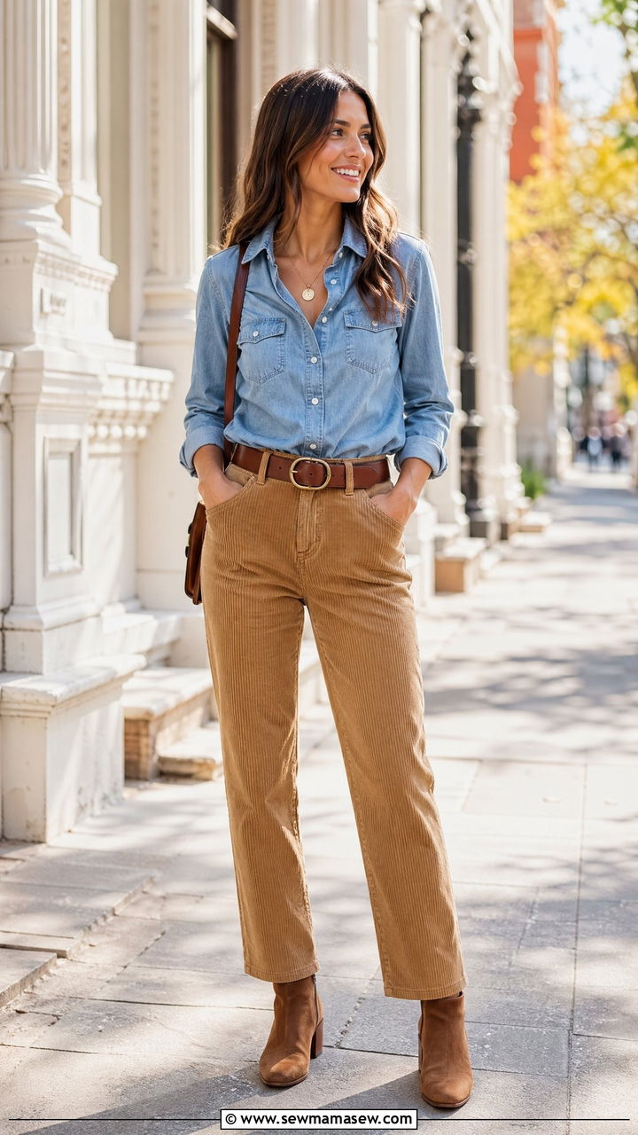 Chambray Shirt with Corduroy Pants and Leather Belt - 35 Western chic outfit ideas