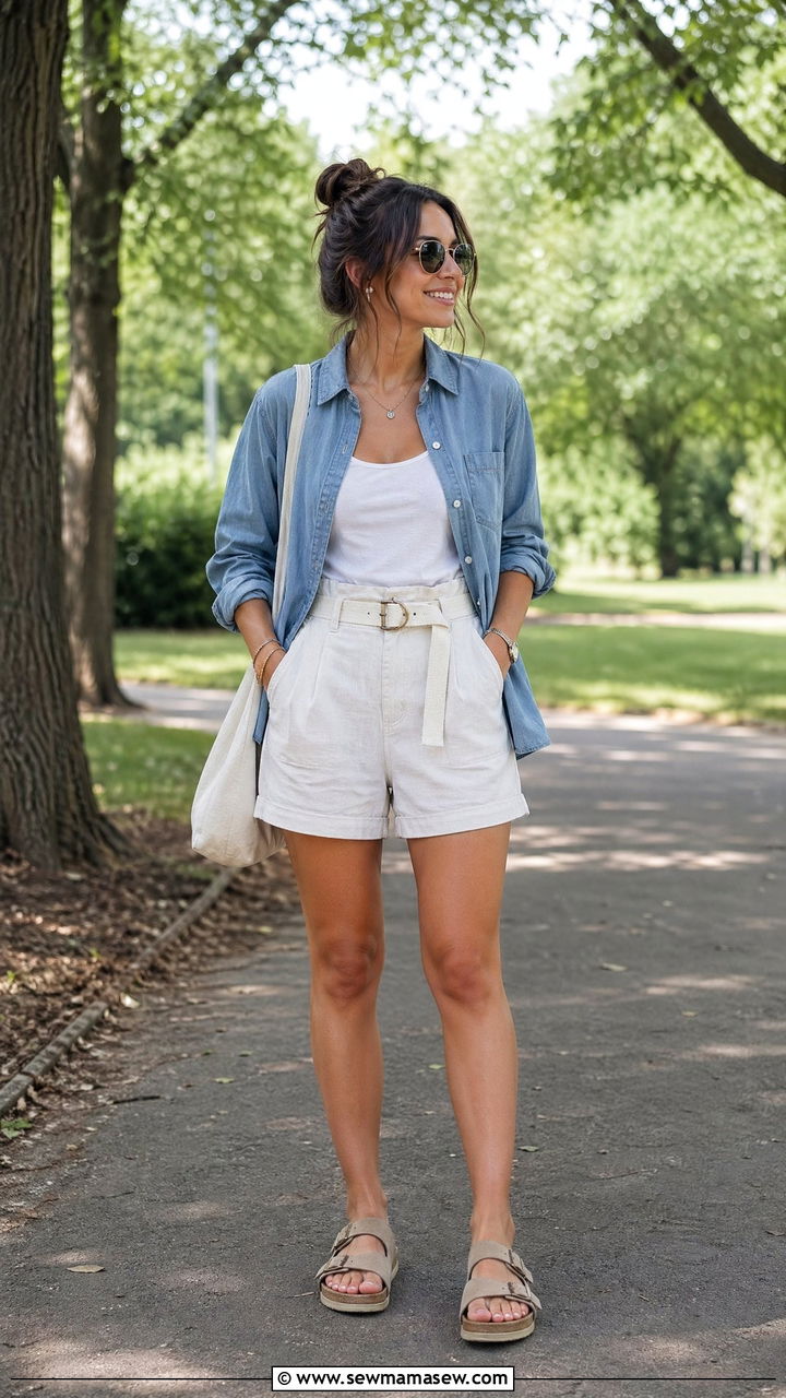 Chambray Shirt with Linen Shorts - 35 Warm summer outfits