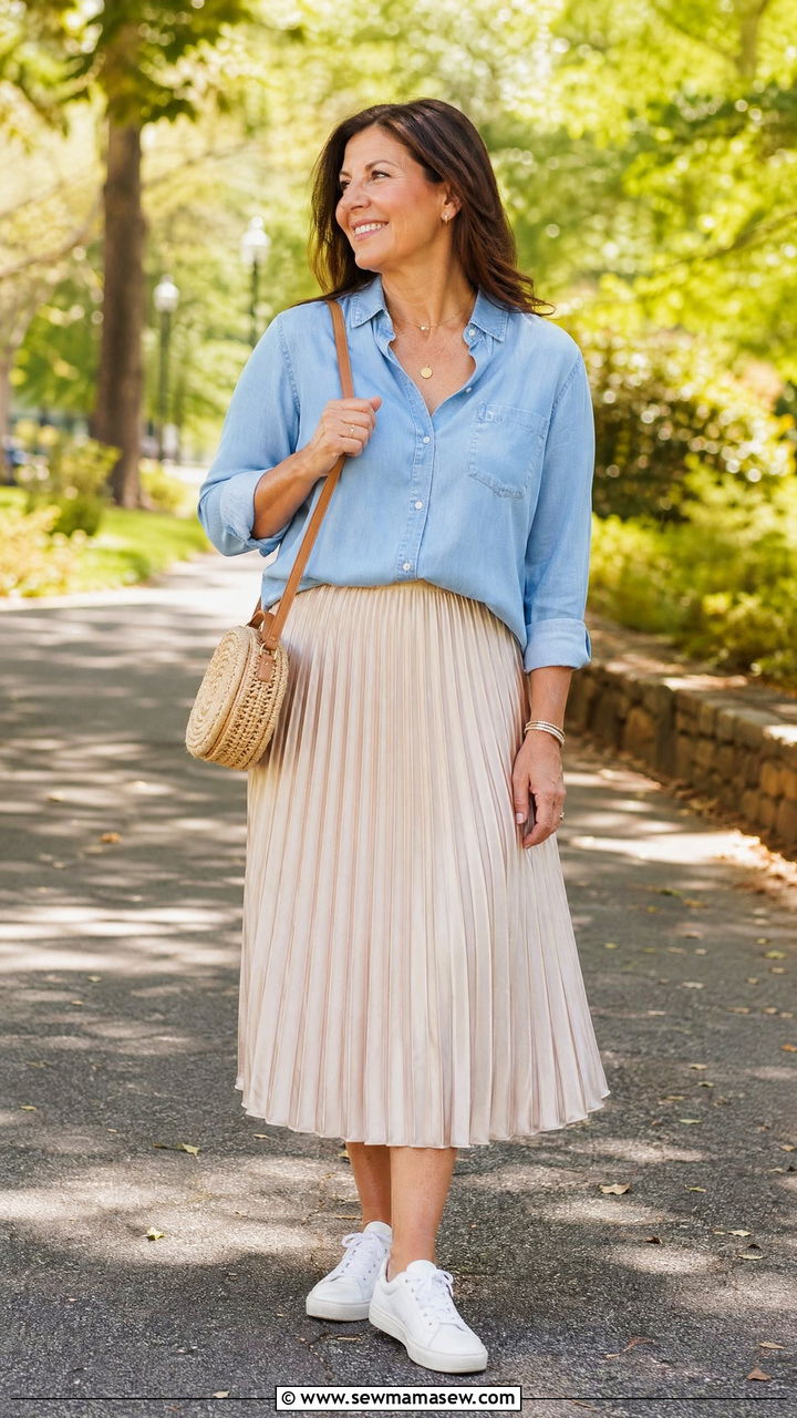 Chambray Shirt with Pleated Midi Skirt and White Sneakers - 35 Curvy outfits for women over 40