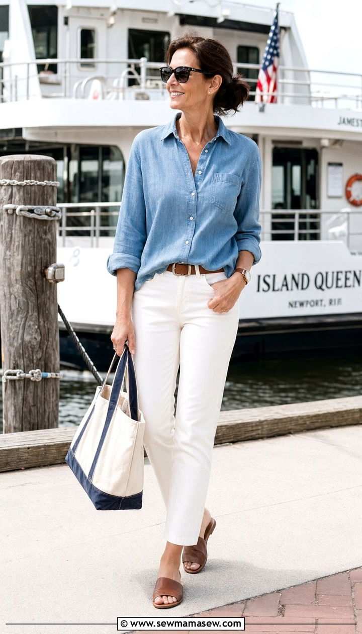 Chambray Shirt with White Ankle Pants - 35 resort vacation outfits for women over 40