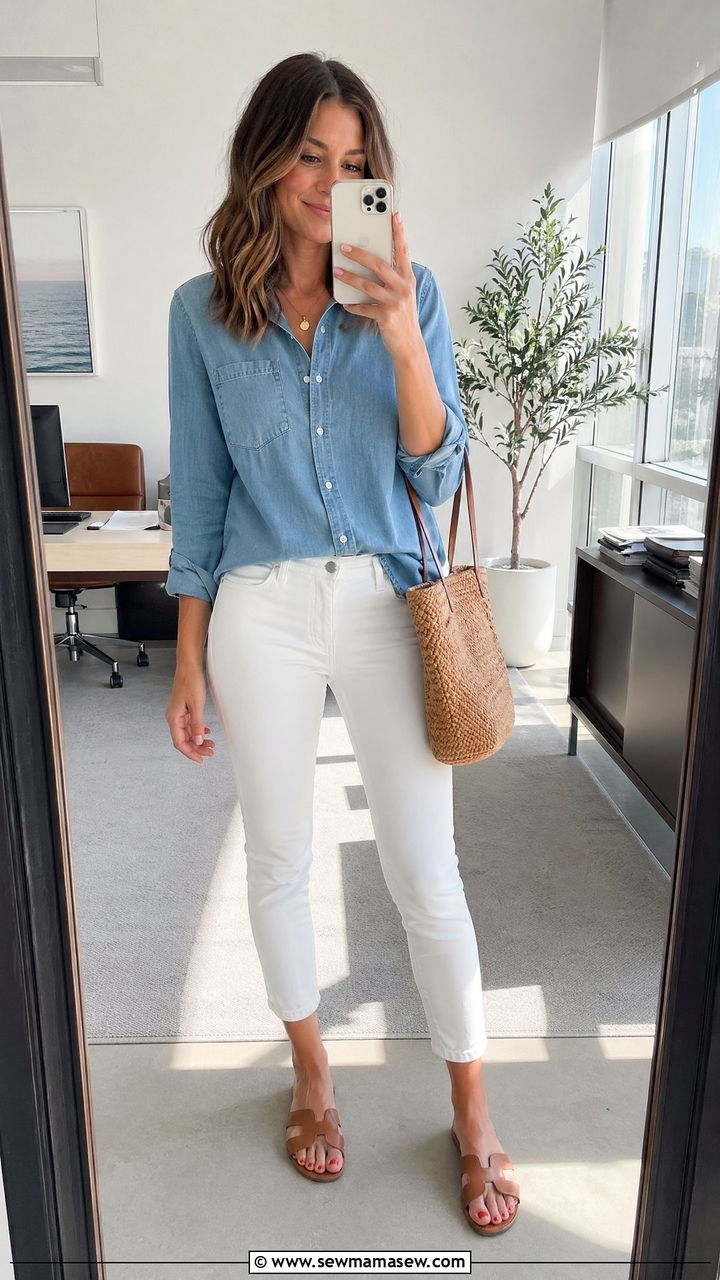 Chambray Shirt with White Jeans - 35 Work outfits for women over 40
