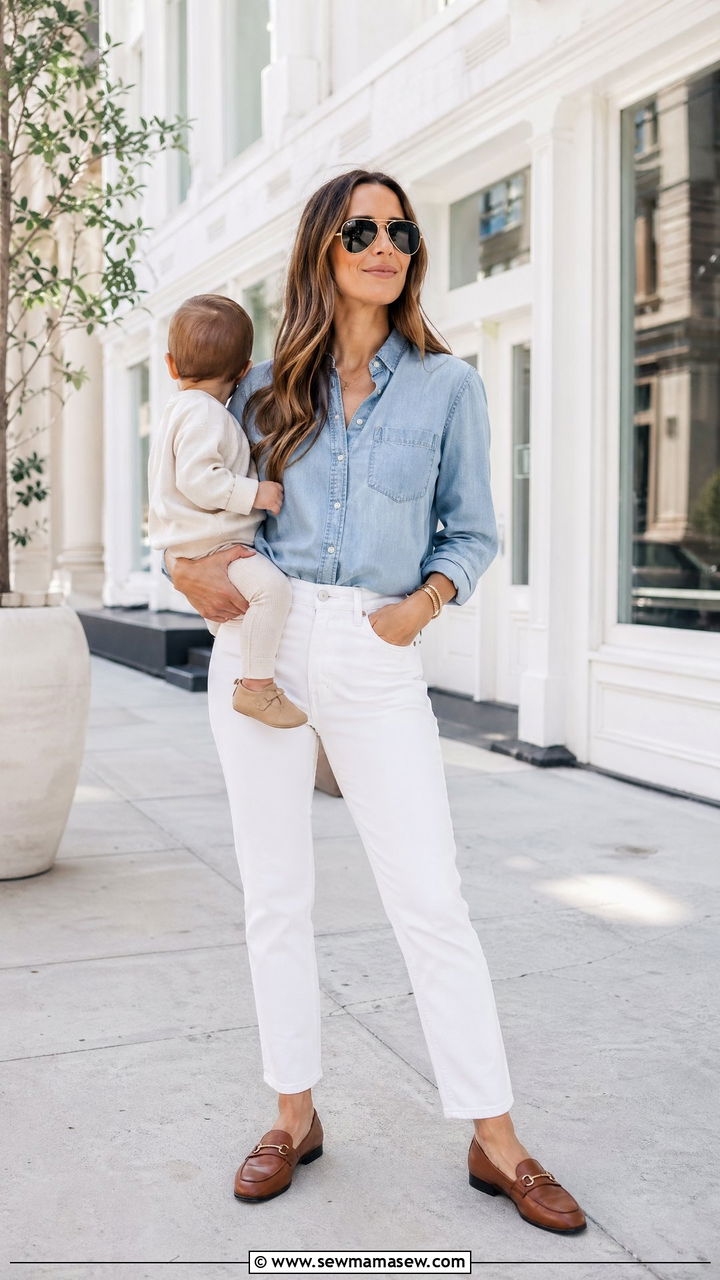 Chambray Shirt with White Jeans and Loafers - 35 Spring outfit ideas for mom