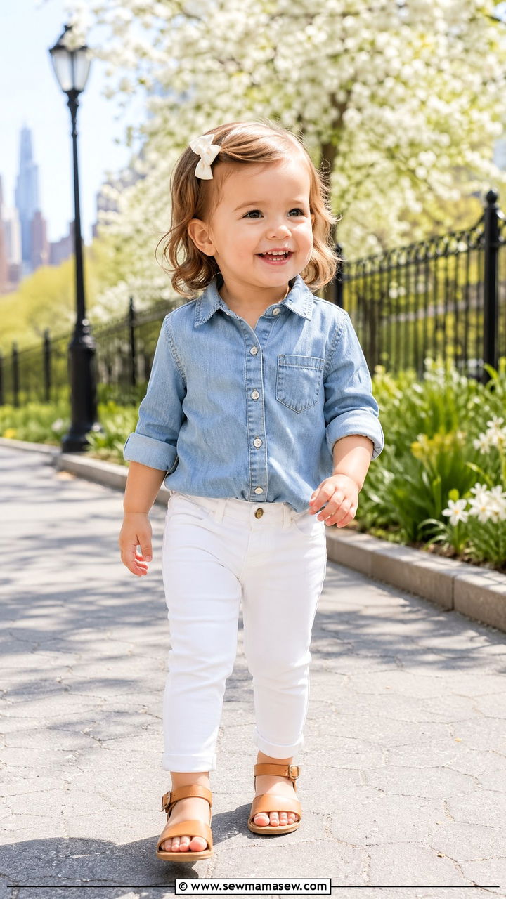 Chambray Shirt with White Jeans and Sandals - 35 Spring outfits for toddlers