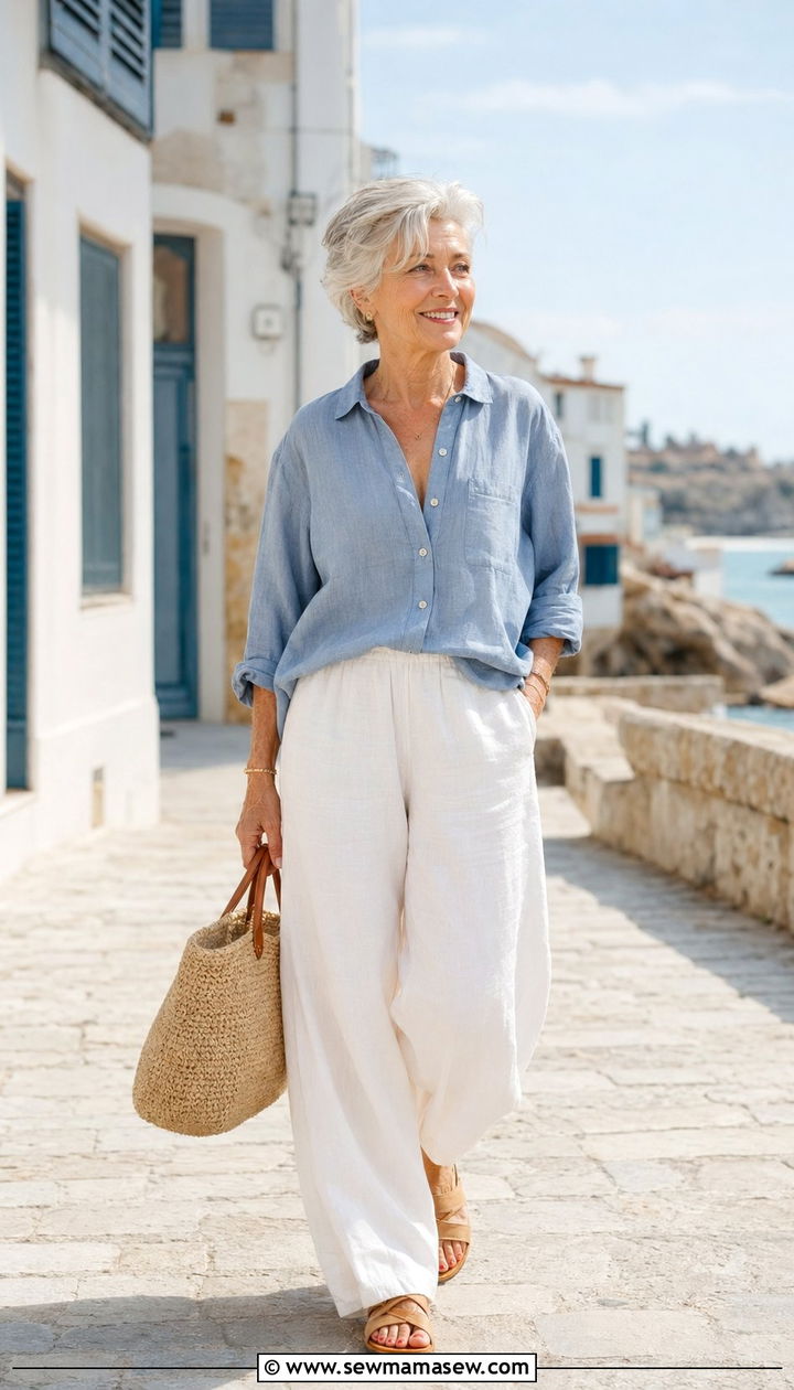 Chambray Shirt with White Linen Wide Leg Trousers - 35 Petite outfit ideas for women over 60