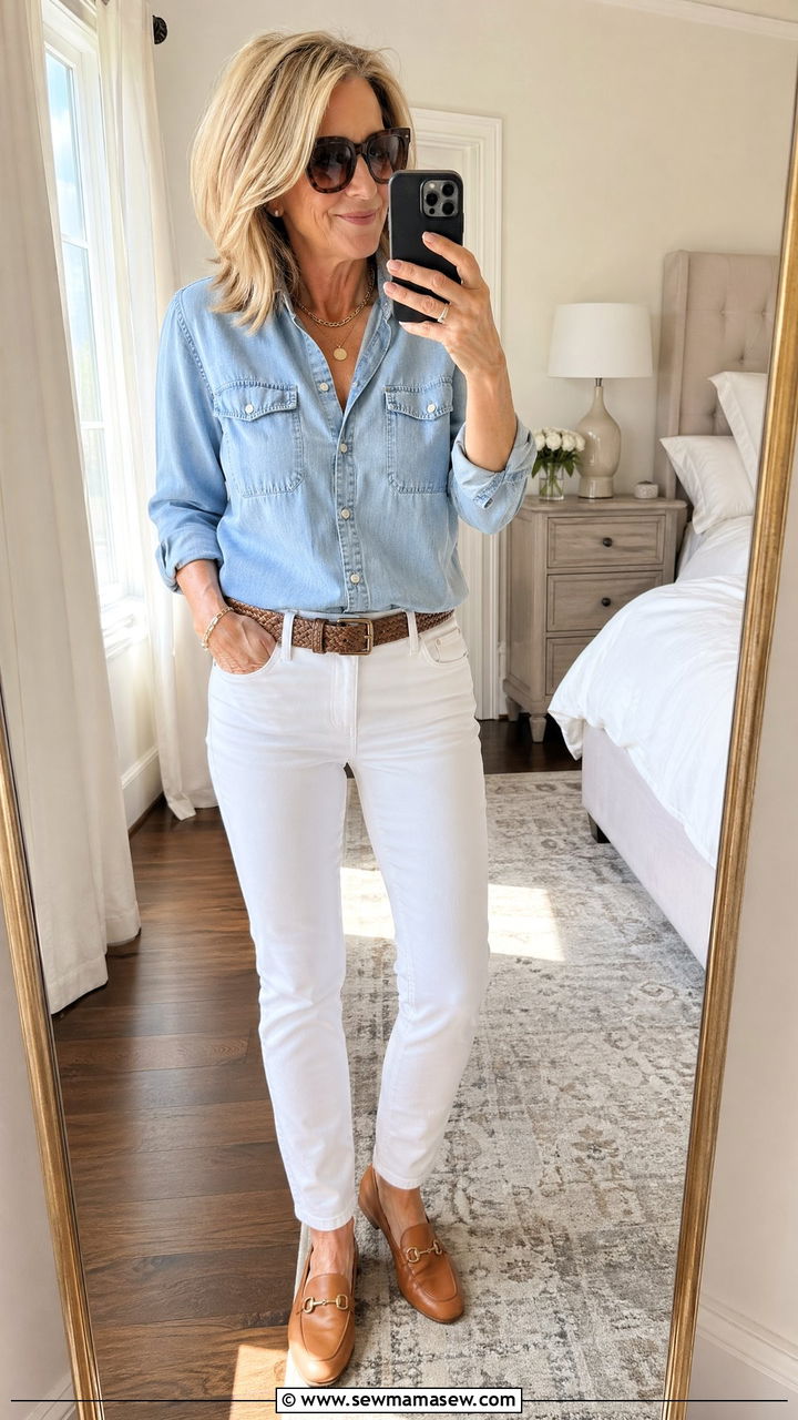 Chambray Shirt with White Skinny Jeans and Tan Loafers - 35 Classy outfit ideas for women over 50