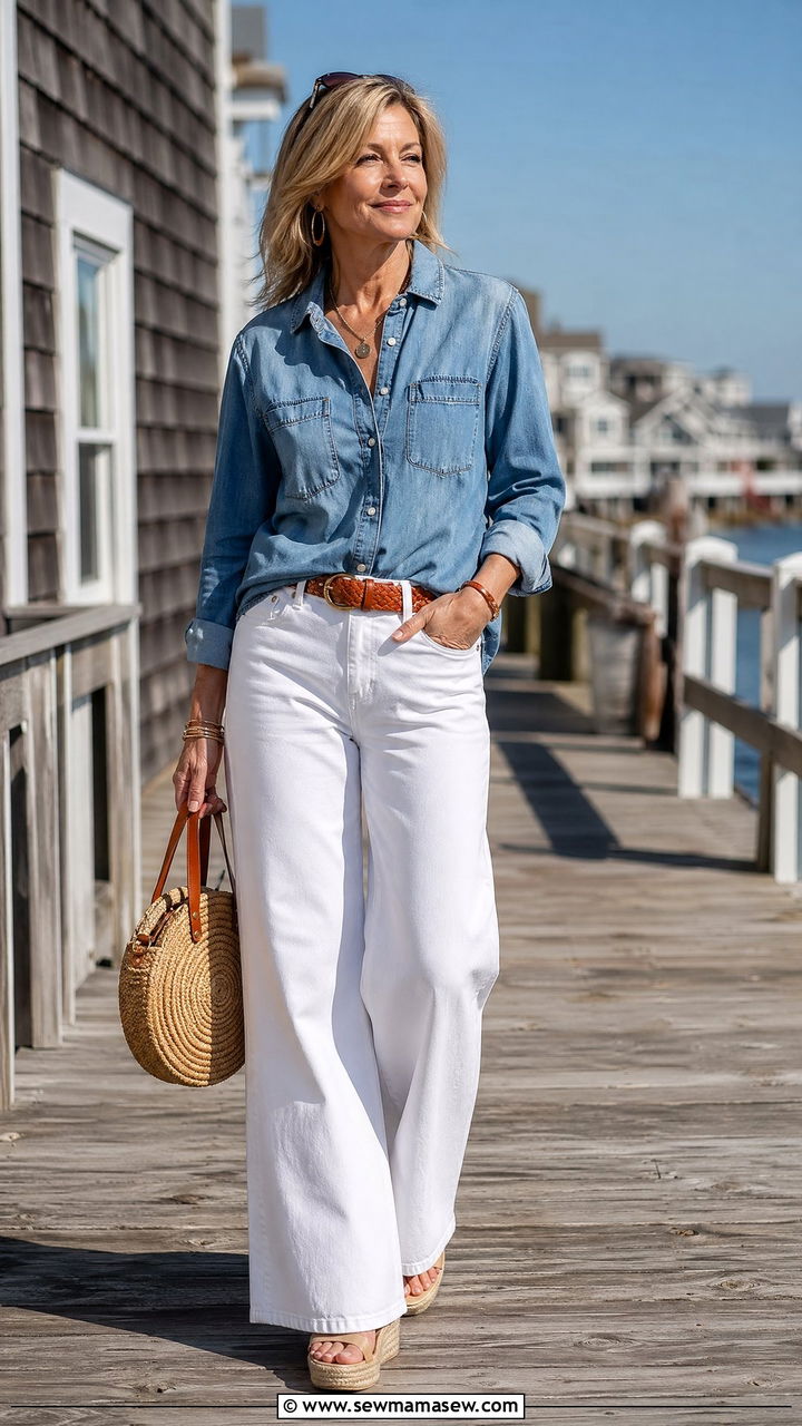 Chambray Shirt with White Wide Leg Jeans - 35 Timeless outfit ideas for older women