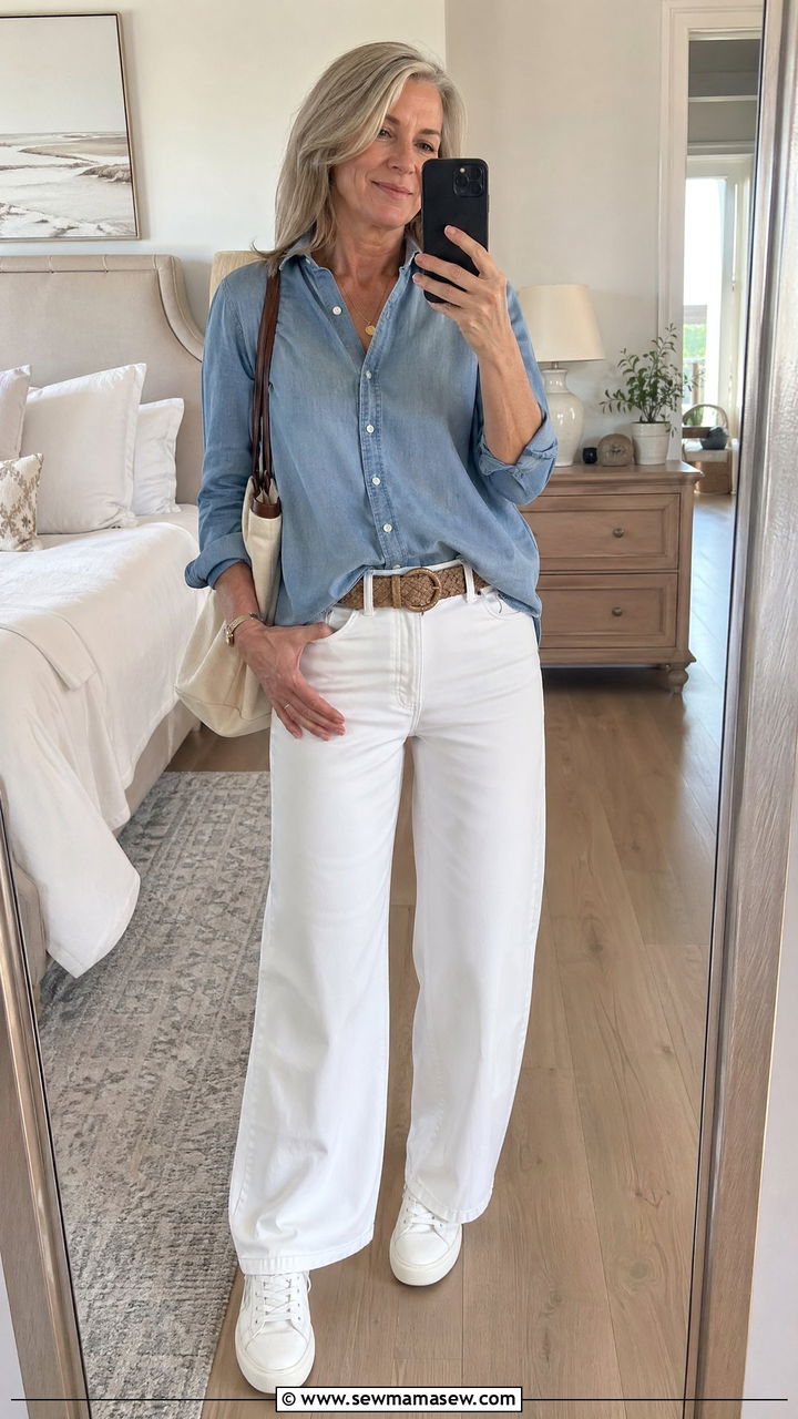 Chambray Shirt with White Wide Leg Jeans and Sneakers - 35 Spring capsule wardrobe for women over 50