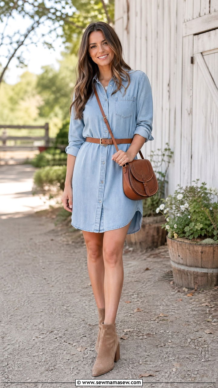 Chambray Shirtdress With Ankle Boots Outfit - 35 spring to summer outfits