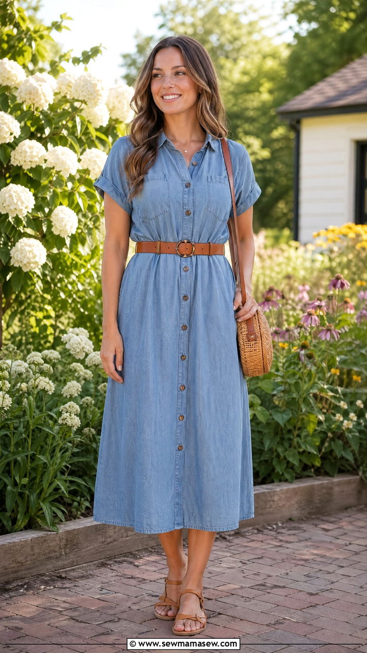 Chambray button front midi dress with tan belt and sandals - 35 Teacher outfit ideas for school